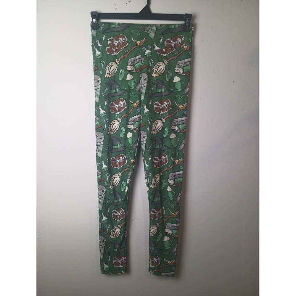 Harry Potter Green Wizarding World Print Leggings Medium Owls Broomsticks Hat